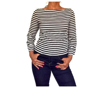 Alice+Olivia Silk Top Womens Size S Black White Striped Roll Tab Sleeve Boatneck